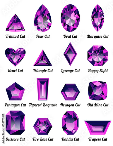 Set of realistic purple amethysts with complex cuts isolated on white background. Jewel and jewelry. Colorful gems and gemstones. Trilliant, pear, oval, marquise, heart, triangle, lozenge, happy eight