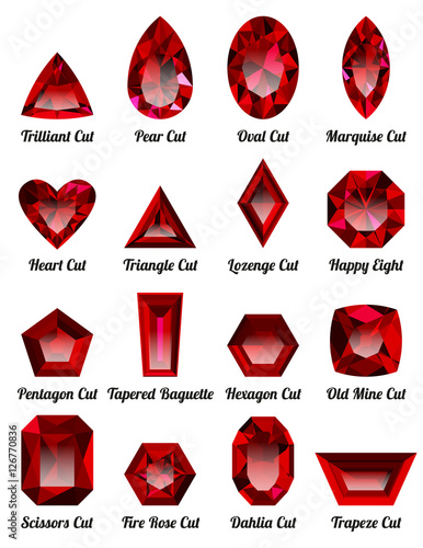 Set of realistic red rubies with complex cuts isolated on white background. Jewel and jewelry. Colorful gems and gemstones. Trilliant, pear, oval, marquise, heart, triangle, lozenge, happy eight.