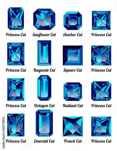 Set of realistic blue amethysts with rectangle cuts isolated on white background. Jewel and jewelry. Colorful gems and gemstones. Princess, sunflower, asscher, baguette, square, octagon, radiant