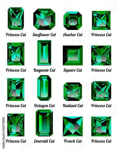 Set of realistic green emeralds with rectangle cuts isolated on white background. Jewel and jewelry. Colorful gems and gemstones. Princess, sunflower, asscher, baguette, square, octagon, radiant
