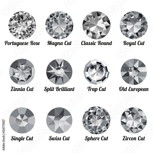 Set of realistic white diamonds with round cuts isolated on white background. Jewel and jewelry. Colorful gems and gemstones. Magna, classic round, royal, zinnia, trap, single, swiss, sphere, zircon photo