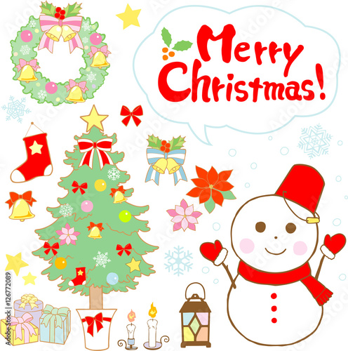 クリスマス素材　クリスマスツリーと雪だるま