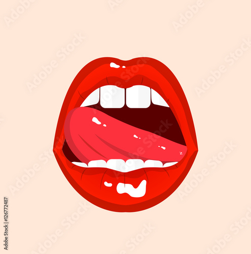 Sexy open mouth, tongue hanging out, red erotic seductive lips, passion, vector illustration
