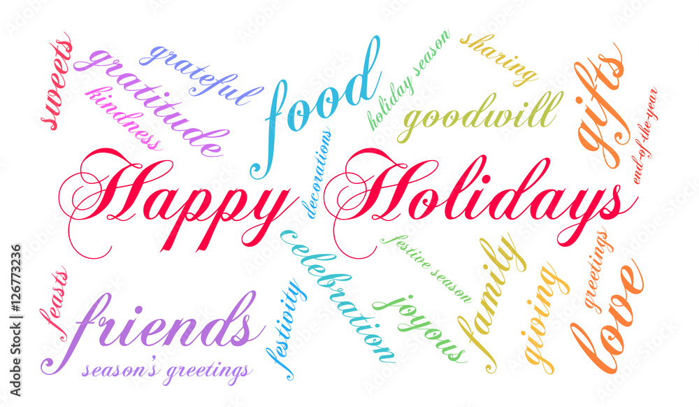 Happy Holidays Word Cloud word cloud on a white background. 