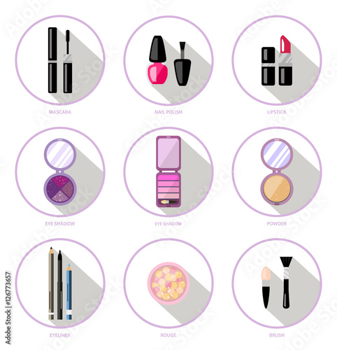Set of decorative cosmetics, vector flat illustration, makeup. Beauty store, cosmetic shop