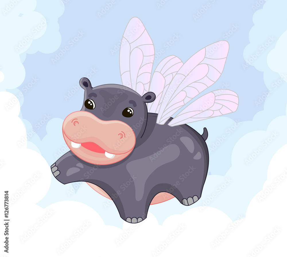 Fototapeta premium Cute winged hippo flying among the clouds in the sky, vector illustration