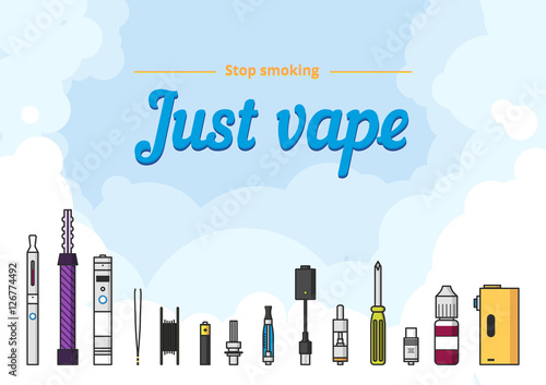 Vaping illustration of vaporizer and accessories, vape