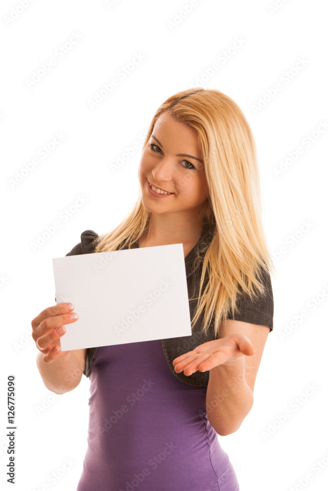 Beautiful blonde woman with blank banner for commercials isolate Beautiful blonde woman with blank banner for commercials isolate