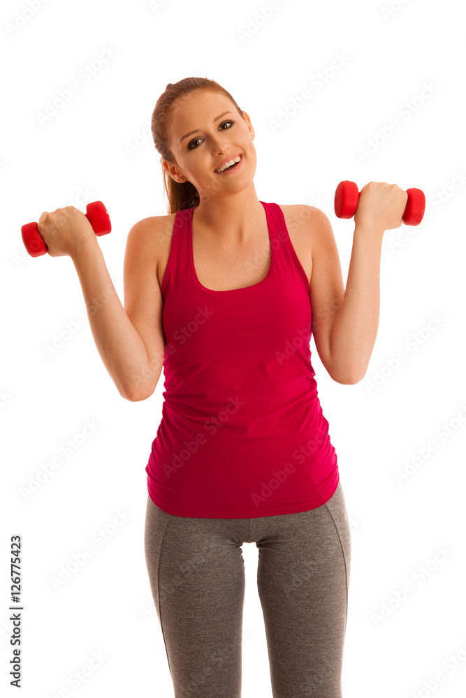 fitness gym - woman works out with dumbbells isolated over white fitness gym - woman works out with dumbbells isolated over white