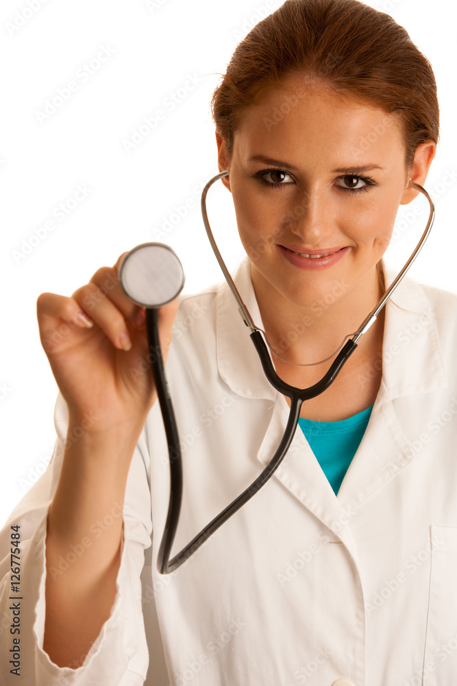 health care and medicine - young woman doctor isolated over whit health care and medicine - young woman doctor isolated over whit