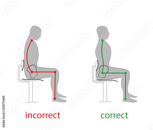 correct posture of the spine and pelvis position when sitting on a chair. vector illustrations