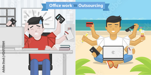 Stress panic multitasking office worker vs relax meditating freelancer working on beach, flat vector illustration