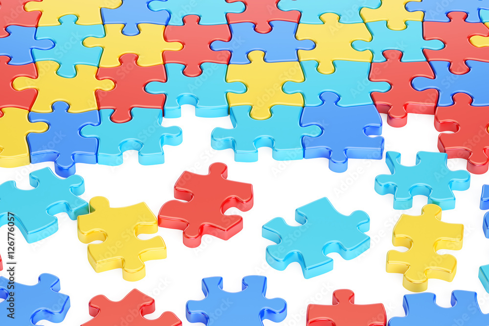 Puzzle Pieces in Autism Awareness Colors, 3D rendering Puzzle Pieces in Autism Awareness Colors, 3D rendering