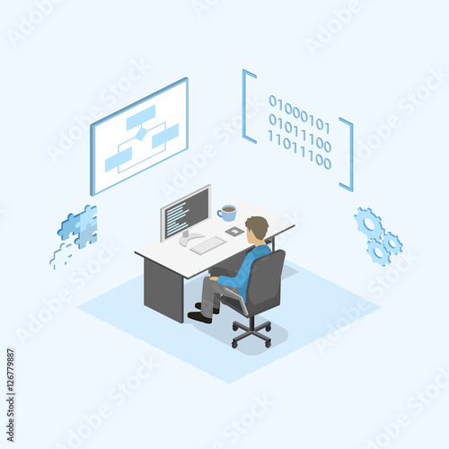 Flat 3D vector isometric concept illustration of office software developer and teamwork. .