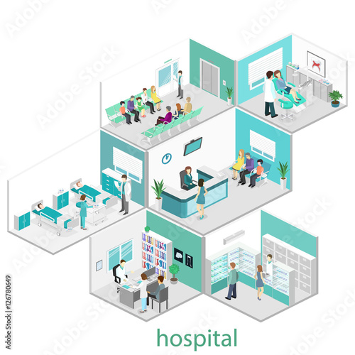 Isometric flat interior of hospital room, pharmacy, doctor's office, waiting room, reception, dentist's office. Doctors treating the patient.Flat 3D illustration
