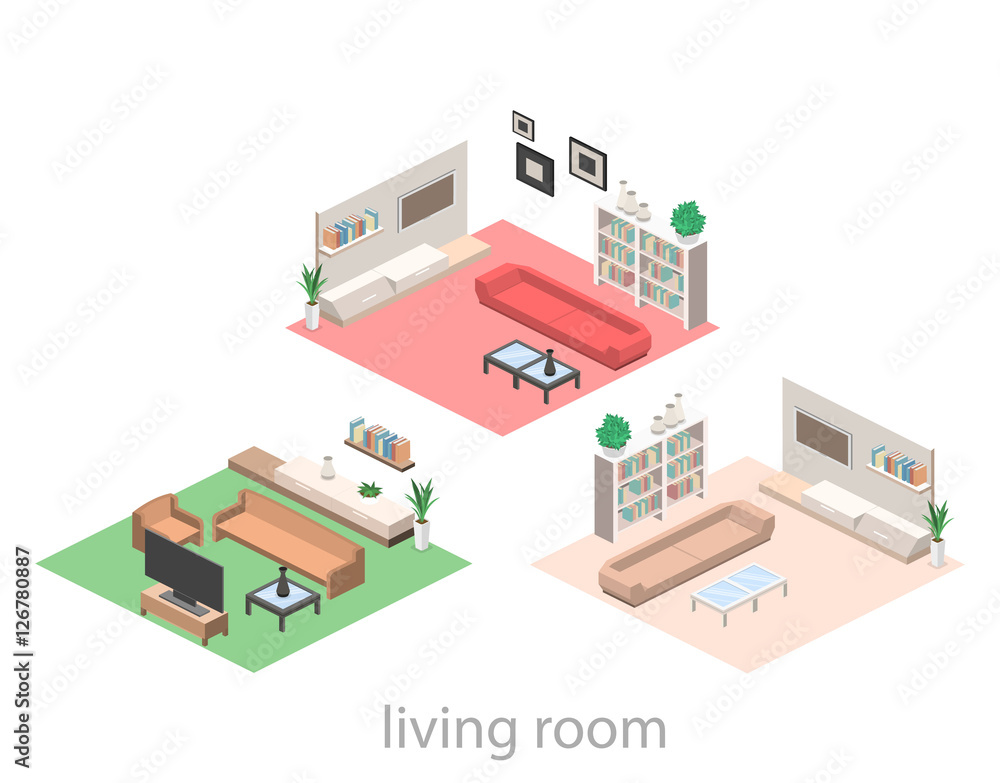 isometric interior of a modern living room.