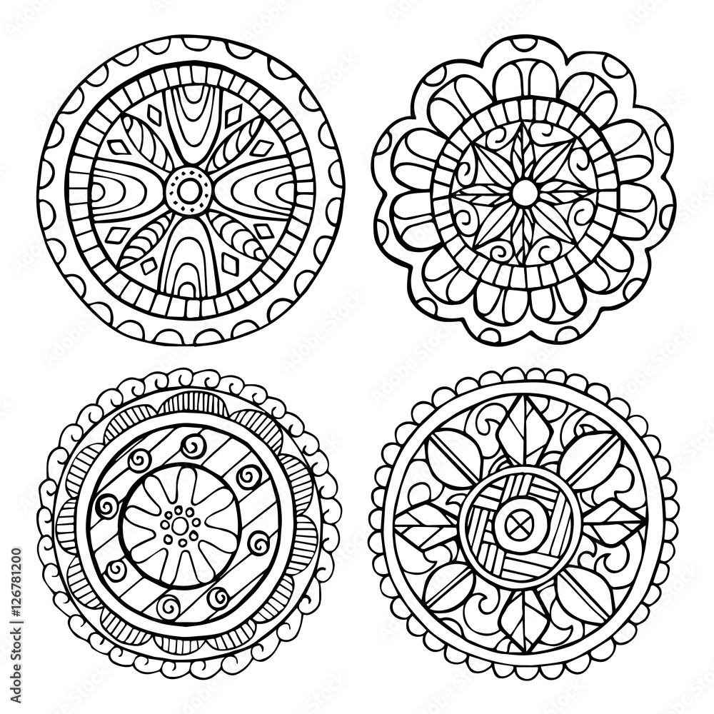Hand-drawn mandala set of isolated elements. Outlined mandala for coloring or paper design.
