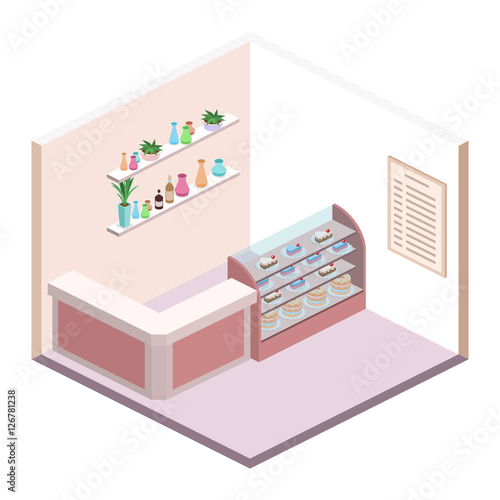 Isometric interior of sweet-shop. People sit at the table and eating.