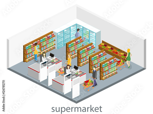 Isometric interior of grocery store. Shopping mall flat 3d  web vector illustration.