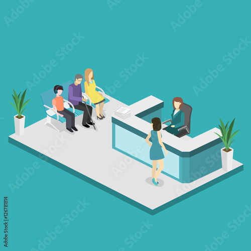 Isometric interior of reception. Flat 3D real illustration waiting room