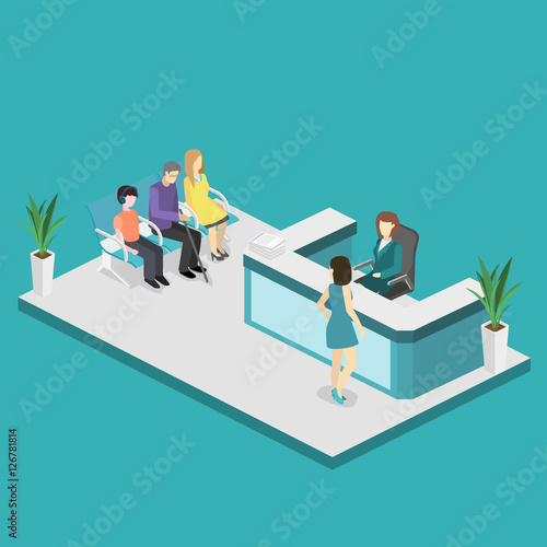 Isometric interior of reception. Flat 3D real illustration  waiting room