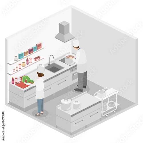 Isometric flat 3D vector interior of professional restaurant kitchen