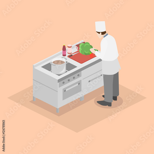 Isometric flat 3D vector interior of professional restaurant kitchen