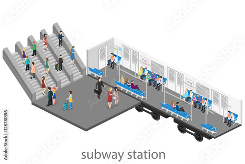 Isometric flat 3D concept vector interior of metro subway carriage.