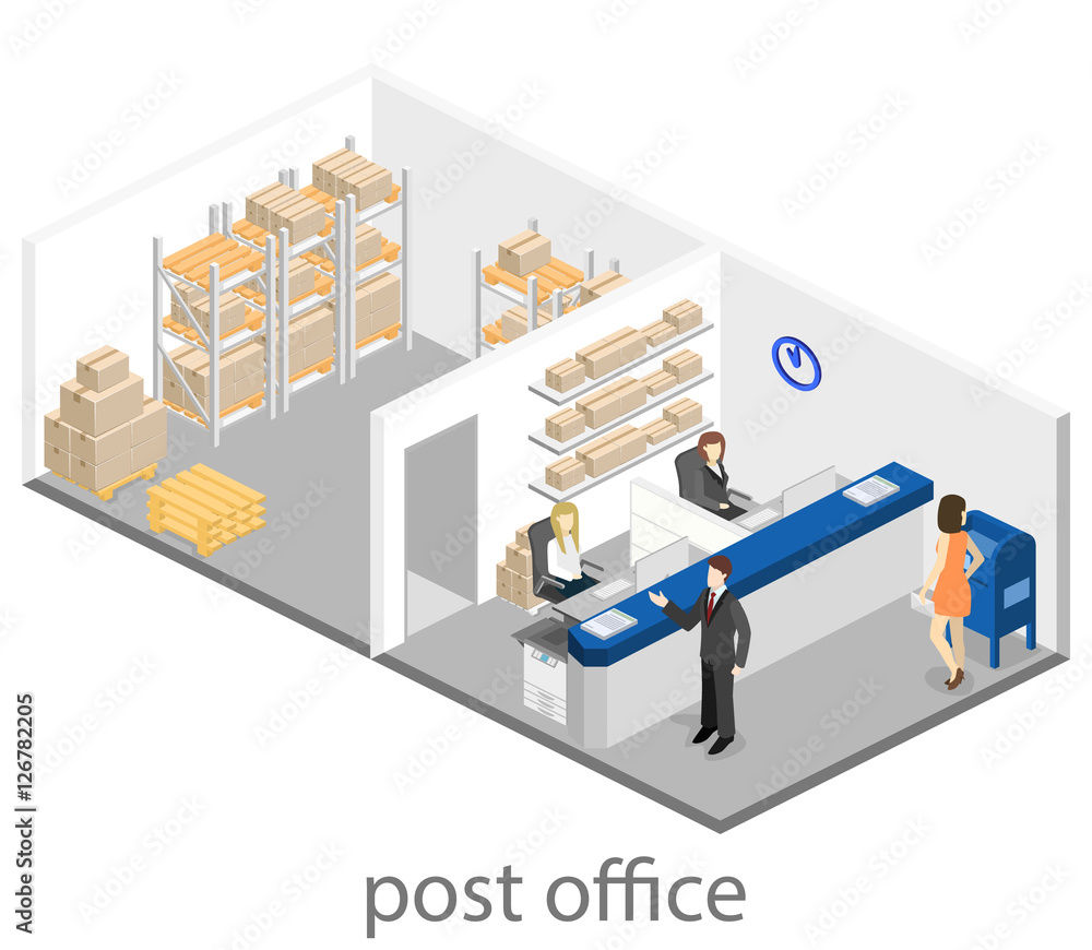 Isometric flat 3D interior of post office. Isometric flat 3D interior of post office.