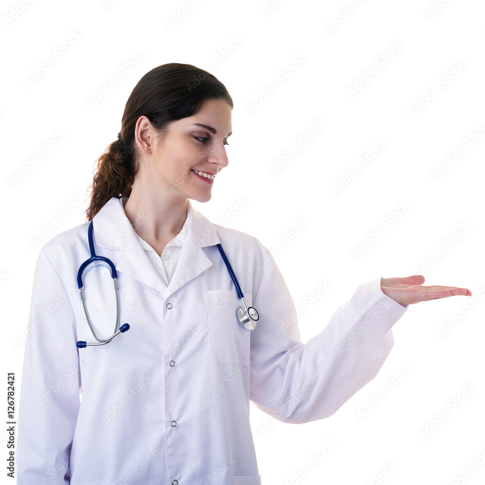 Female doctor assistant scientist in white coat over isolated background Female doctor assistant scientist in white coat over isolated background
