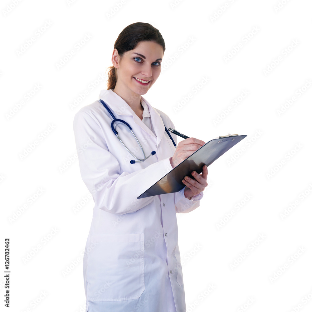 Female doctor assistant scientist in white coat over isolated background Female doctor assistant scientist in white coat over isolated background