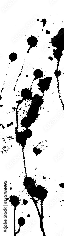 Ink splash, strokes and stains background. Paint splatter. Black blots on white. Abstract vector illustration. Grunge template. 