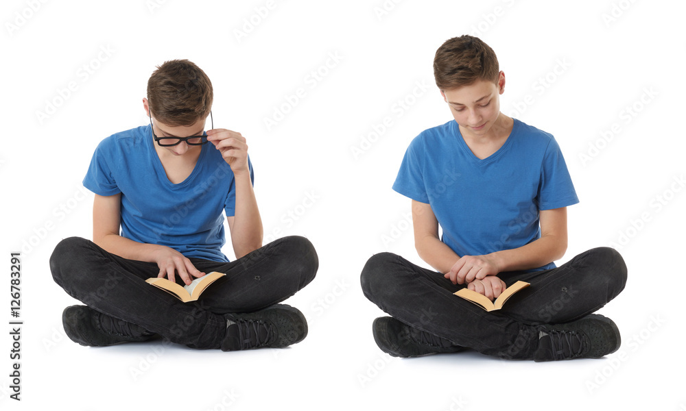 Set of cute teenager boy over white isolated background Set of cute teenager boy over white isolated background