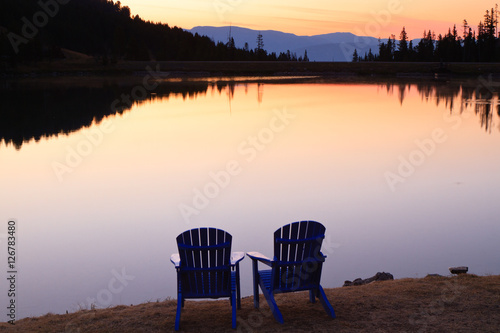 Mountain Lake And Chairs Sunrise