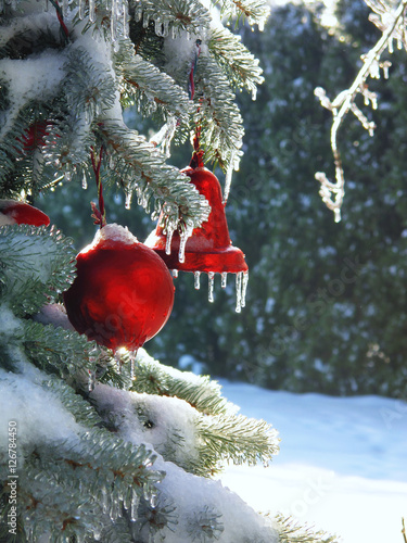 Christmas red ornamenets on snow & ice-covered outdoor tree