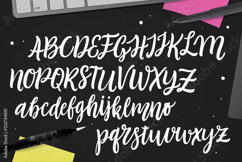 Calligraphic vector script font. Handwritten brush style modern calligraphy cursive typeface. Hand Lettering and Typography alphabet for Designs: Logos, Packaging Design, Poster. Typographic set.