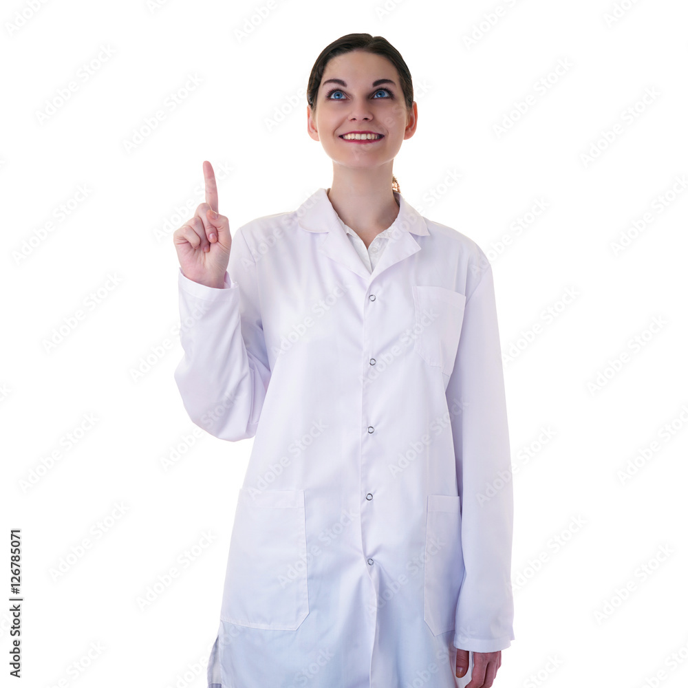 Female doctor assistant scientist in white coat over isolated background Female doctor assistant scientist in white coat over isolated background