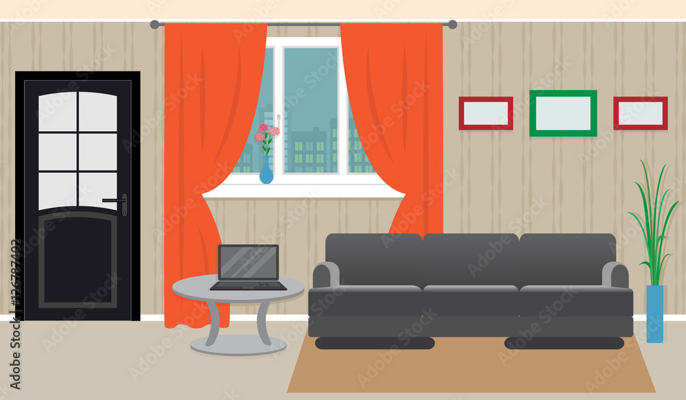 Living room interior including furniture, laptop, window. Living room interior including furniture, laptop, window.