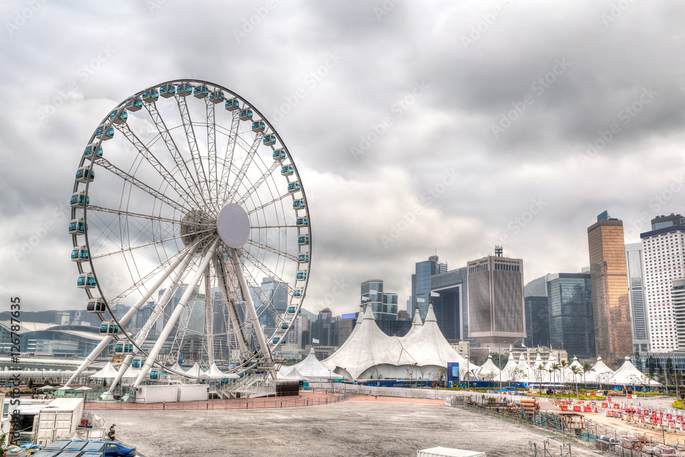 Hong Kong Skyline at Central Pier Overlooking Victoria Harbor