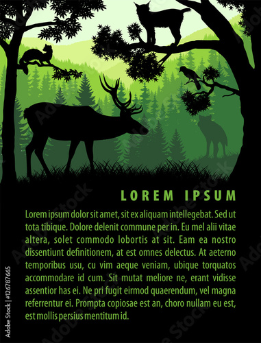 vector forest background design template with mountains and animals