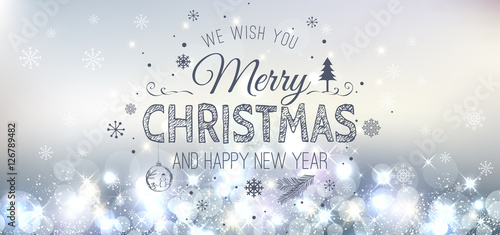 Christmas And New Year Typographical on silver Xmas background with snowflakes, light, stars. Vector Illustration. Xmas card