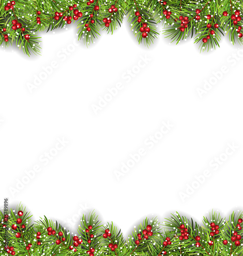 Holiday Frame with Fir Branches and Holly Berries
