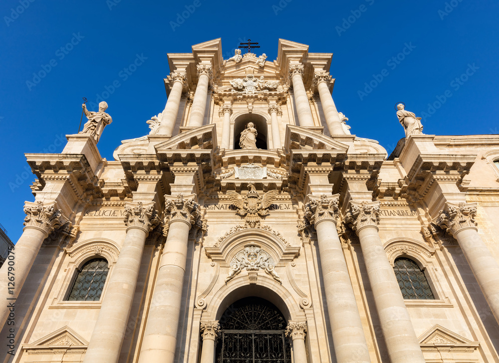 The facade of the Cathedral of Syracuse, UNESCO World Heritage Site since 2005, was redesigned by architect Andrea Palma in 1725-1753, considered a relatively late example of High Sicilian Baroque.