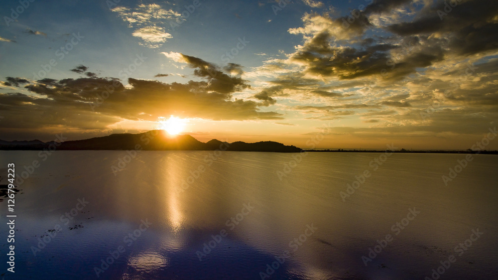 beautiful scenic of sun set sky at bangpra reservoir lake in cho