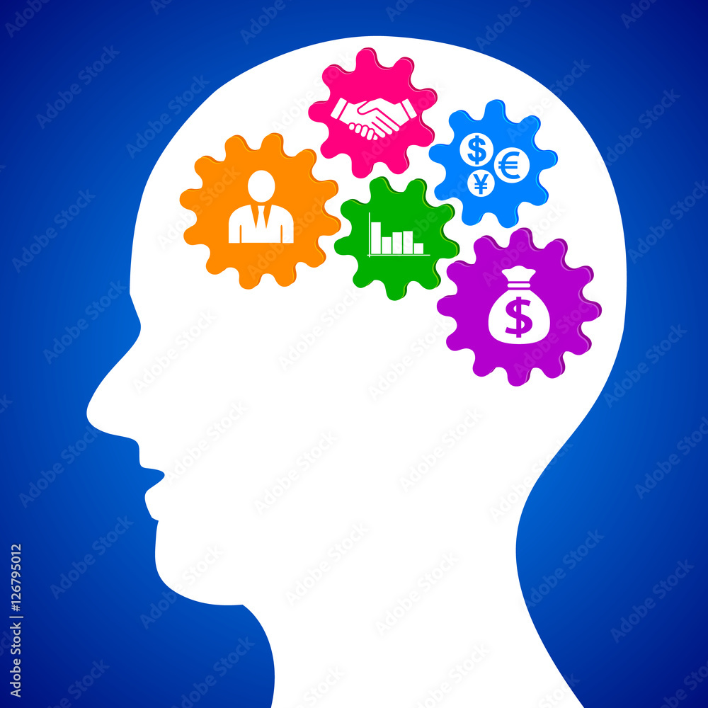 Pictograph of gear in head. think design, vector illustration isolated on blue background. Pictograph of gear in head. think design, vector illustration isolated on blue background.