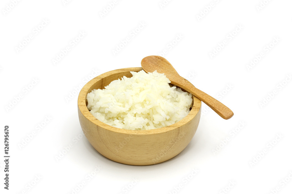 Isolated Cooked Jasmine rice in the wooden bowl on white background Isolated Cooked Jasmine rice in the wooden bowl on white background