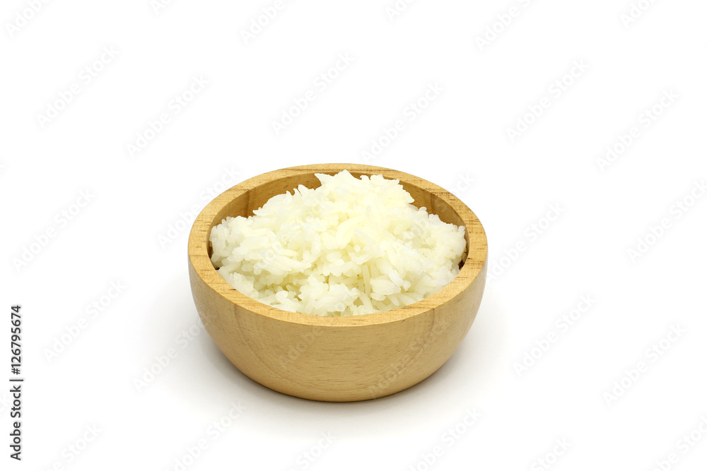 Isolated Cooked Jasmine rice in the wooden bowl on white background Isolated Cooked Jasmine rice in the wooden bowl on white background