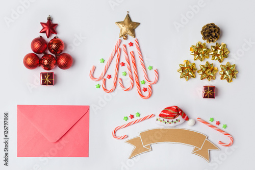 Christmas decorations and objects for mock up template design. View from above. Flat lay
