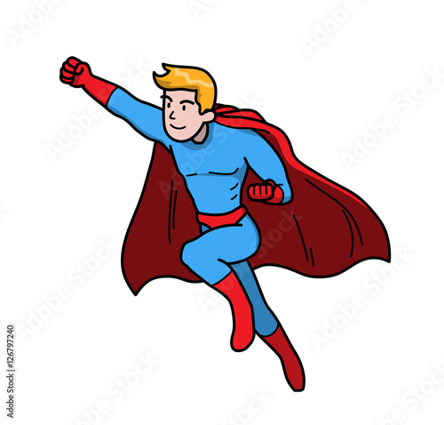 Strong Superhero Power Man to the Rescue. A hand drawn vector illustration of a flying man with super power.