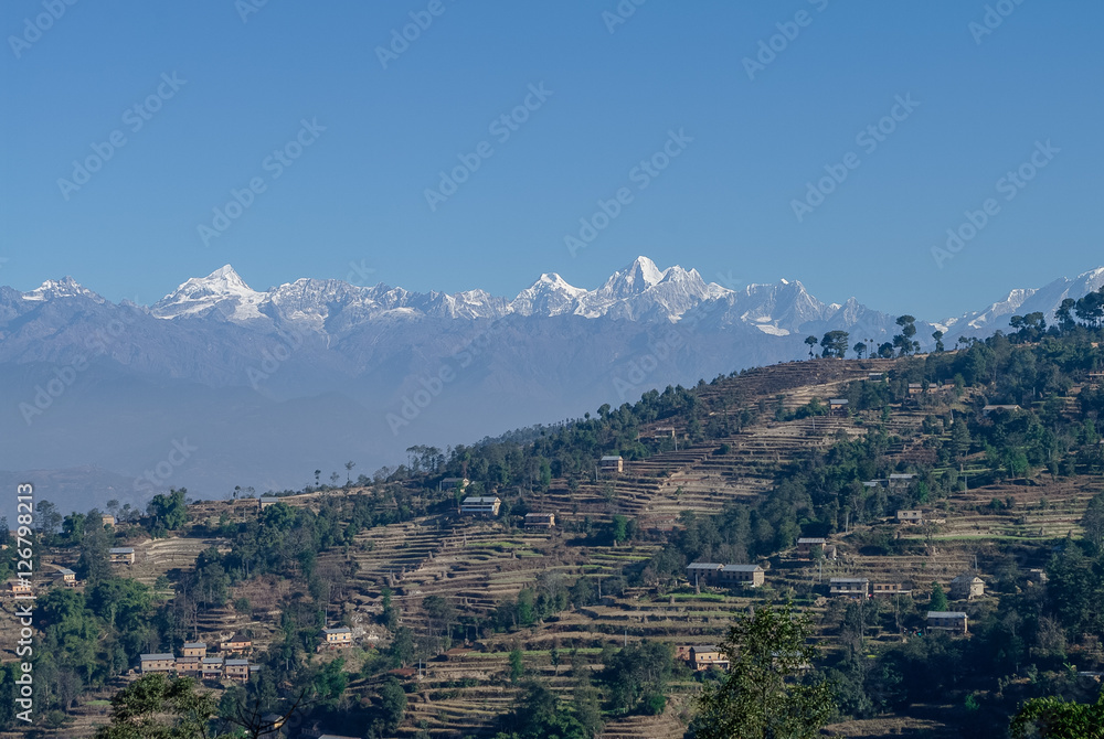 View of the Himalayan mountain and village near Nagarkot, Kathmandu valley, Nepal